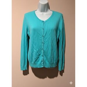 Teal Textured Crew Neck Button Front Cardigan Sweater Womens M